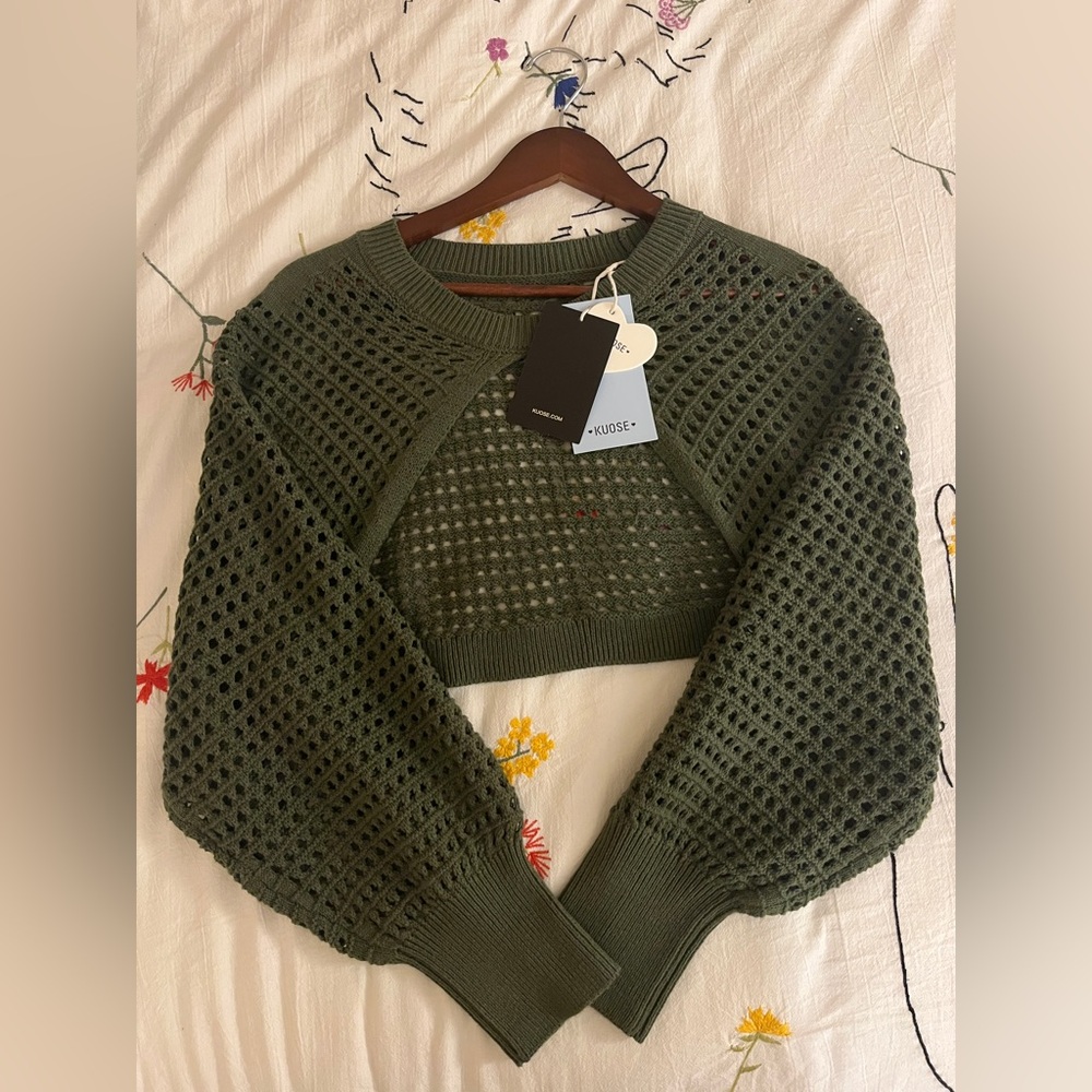 Kuose Cropped Shrug Dark Green Knitted Sweater Layer Top Long Sleeve M Medium